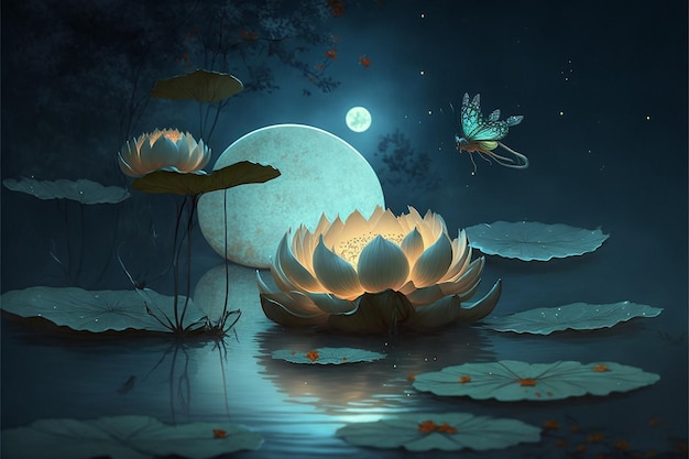 Nénuphar et lune dans l'illustration de la nuit étoilée