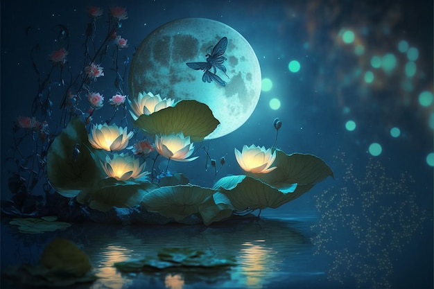 Nénuphar et lune dans l'illustration de la nuit étoilée