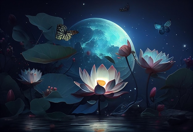 Nénuphar et lune dans l'illustration de la nuit étoilée