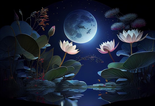 Nénuphar et lune dans l'illustration de la nuit étoilée