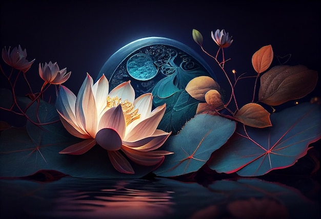 Nénuphar et lune dans l'illustration de la nuit étoilée