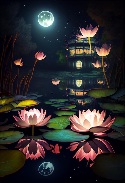 Nénuphar et lune dans l'illustration de la nuit étoilée