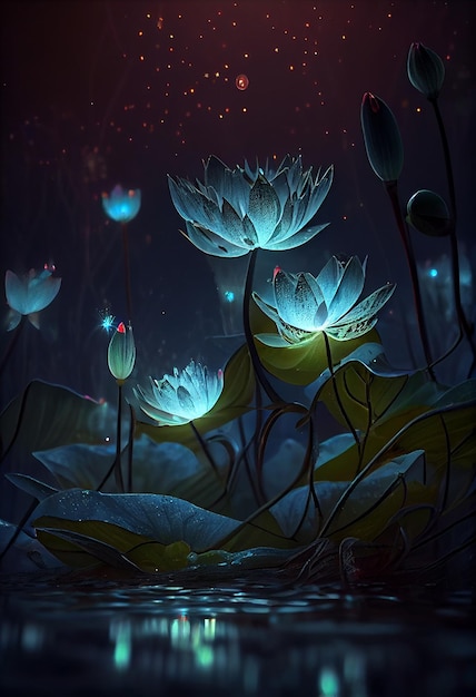 Nénuphar et lune dans l'illustration de la nuit étoilée