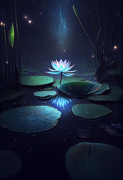 Nénuphar et lune dans l'illustration de la nuit étoilée