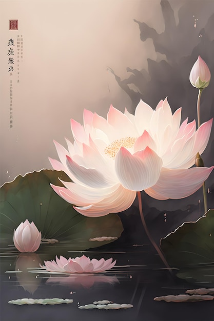 Un nénuphar de style chinois avec une fleur de lotus au premier plan.