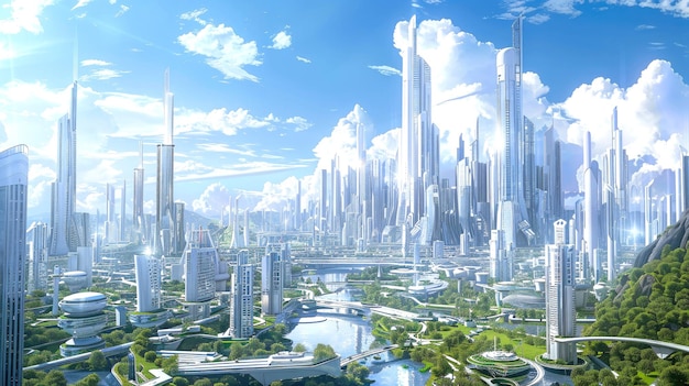 Neofuturisme dans l'architecture Ecocité du futur concept Cityscape arrière-plan généré par l'IA illustrustra