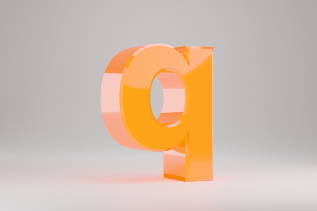 Néon 3d lettre Q minuscule. Lettre au néon jaune isolé sur fond blanc. Alphabet lumineux néon jaune brillant. Caractère de police rendu 3D.