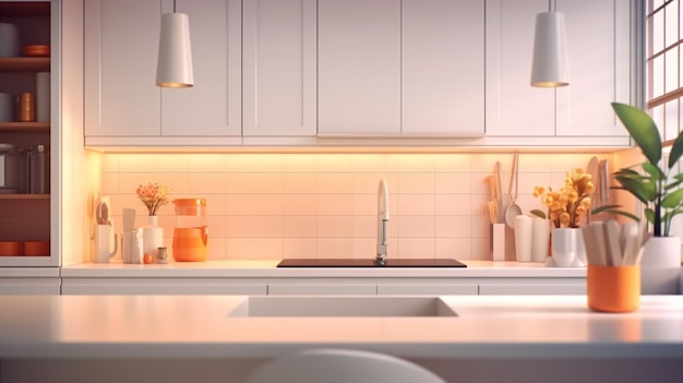 Néon blanc design d'intérieur de cuisine de ferme moderne AI Art généré