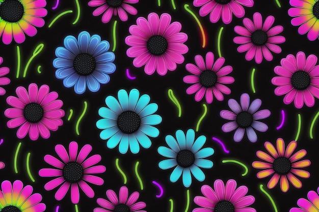 Néon coloré belles fleurs motif fond d'écran générative ai