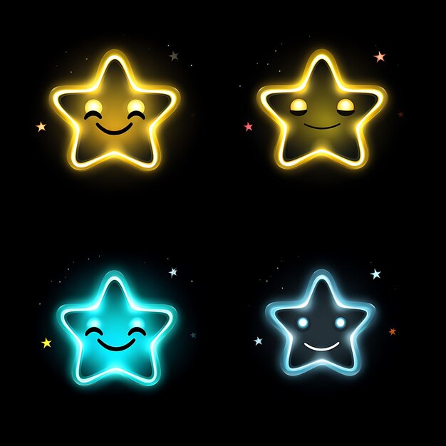 Neon Design de Star Face Icon Emoji avec un ensemble d'autocollants Clipart éblouissants, étonnés, rêveurs et fiers