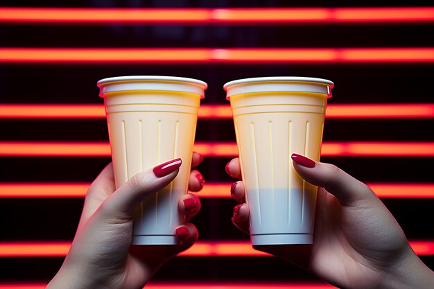 Photo neon duo deux tasses de papier blanc plat dans une lueur vibrante