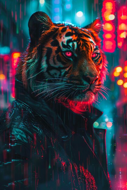 Neon éblouissement samurai tigre dans un costume de cuir noir traditionnel interface de jeu informatique dans un cyber