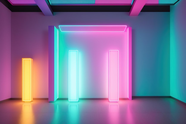 Un néon est allumé dans une pièce avec un mur qui dit "néon" dessus.