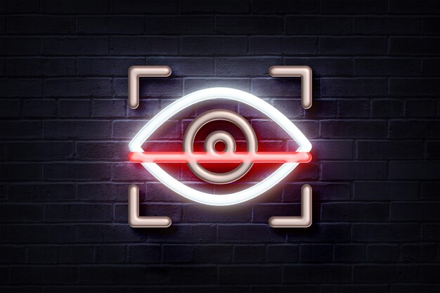 Neon Eye Scan sur un mur de briques