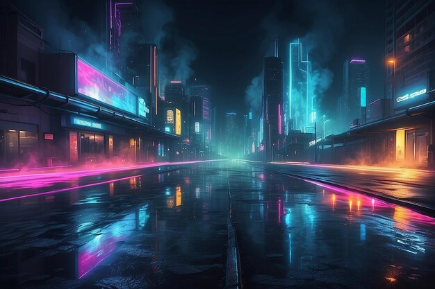 Neon GlowSmoke Abstrait paysage urbain nocturne avec asphalte humide lumières réfléchissantes Atmosphère mystérieuse