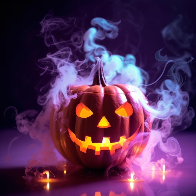 Neon halloween citrouille brûlant des bougies et de la fumée générée par ai