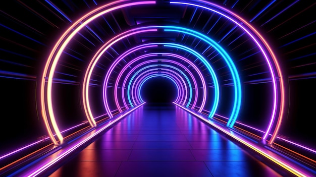 Neon Light Corridor Chambre futuriste avec éclairage vibrant sur fond noir Generative Ai