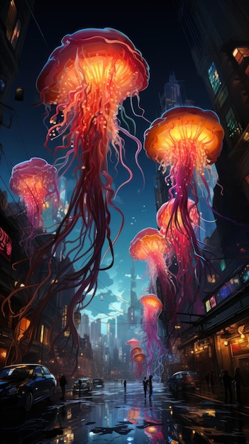Néon méduse danse extraterrestre robot champignons charme paysage urbain Créé avec Generative AI