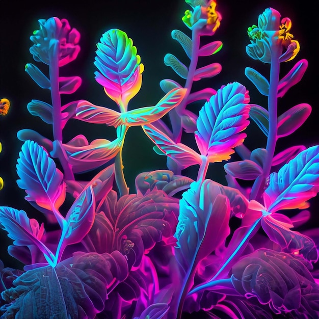 Le neon multicolore dessine des fleurs de forme abstraite isolées sur un fond noir.