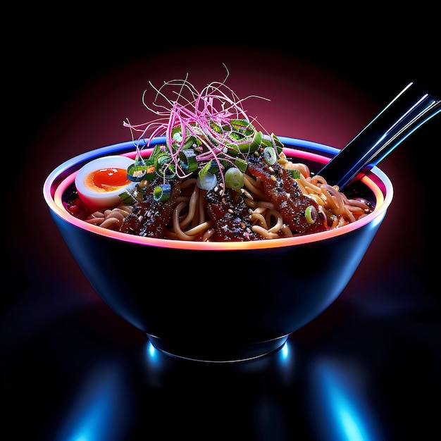 Photo neon neon noir lines le ventre de porc noodles ramen dans un bla élégant lumière délicieuse nourriture y2k design artistique