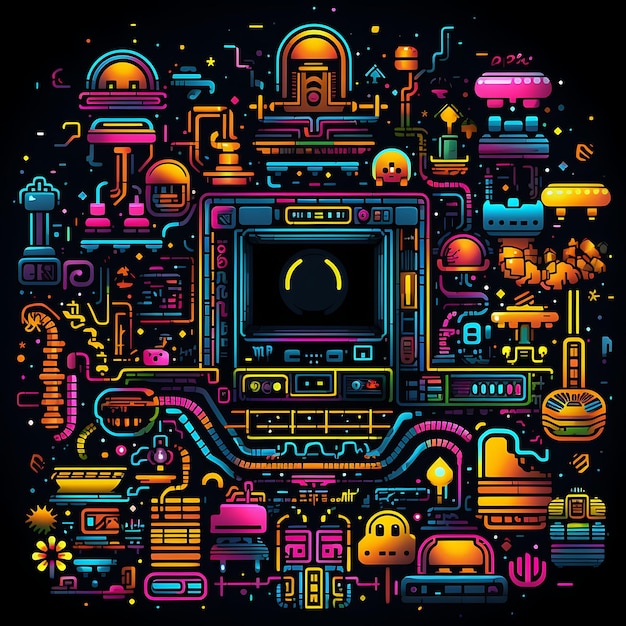 Neon Retro Arcaderetro Arcade LinesArt en pixels Caractères rétro Y2K Formes Neon Art lumineux transparent