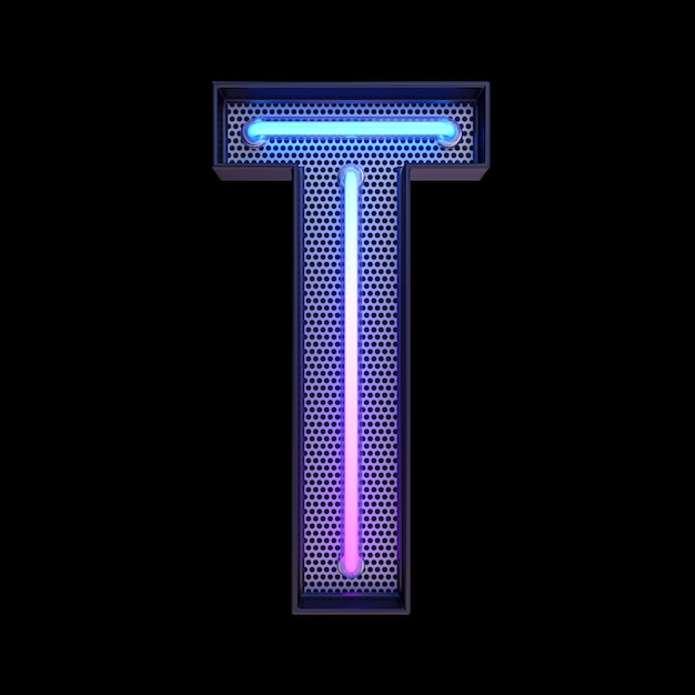 Neon retro Light Alphabet lettre T isolé sur un fond noir avec un tracé de détourage. illustration 3D.