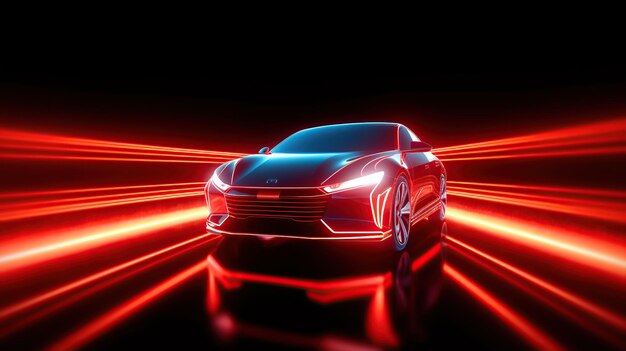 Le néon rouge brillant dans l'obscurité de la voiture électrique sur le concept de fonctionnement à grande vitesse