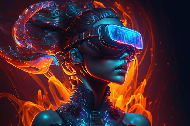 Neon scifi cyberpunk hightech femme futuriste dans des lunettes de réalité virtuelle dans le métaverse Illustration