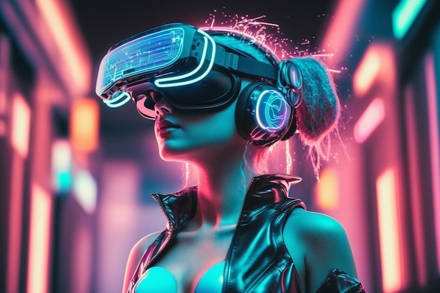 Neon scifi cyberpunk hightech femme futuriste dans des lunettes de réalité virtuelle dans le métaverse Illustration