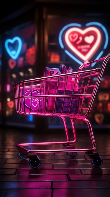 Neon Valentine's shopping sign brille avec des sacs et des chariots évoquant la vente au détail romantique M vertical