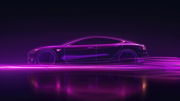 Neon violet brillant dans l'obscurité voiture électrique sur le concept de fonctionnement à grande vitesse