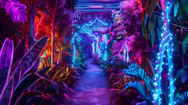 Photo neonlit enchanted jungle path avec des cadres et des feuillages éclairés exotiques