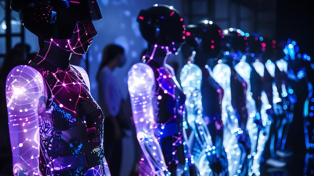 Photo des néons bleus et roses brillants éclairent les contours d'un mannequin, créant une scène éthérée et futuriste.