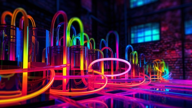 Des néons brillent dans l'obscurité créant une atmosphère abstraite générée par l'IA