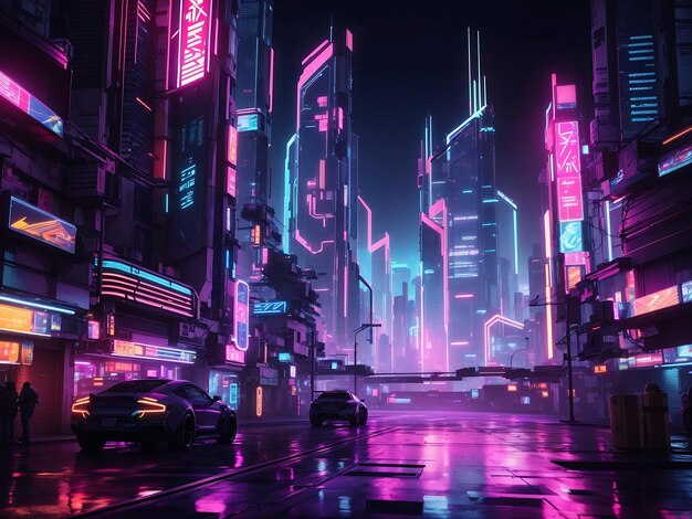 Des néons éclairent une ville abstraite d'inspiration cyberpunk la nuit