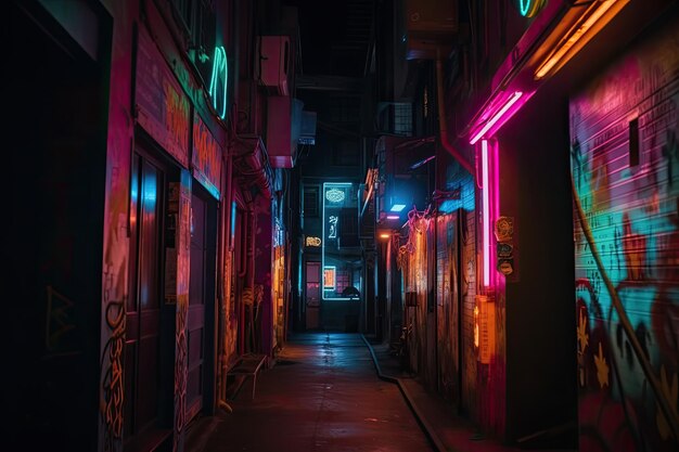 Néons futuristes illuminant une ruelle sombre et mystérieuse