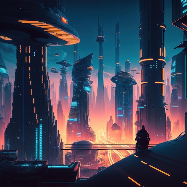 néons roses et bleus sur une ville pleine de gratte-ciel ville sombre de style cyberpunk avec dégradé