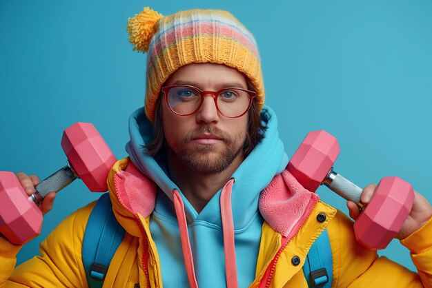 un nerd maigre avec des lunettes et des vêtements brillants soulève des haltères lors d'un entraînement sportif sur un fond bleu isolé