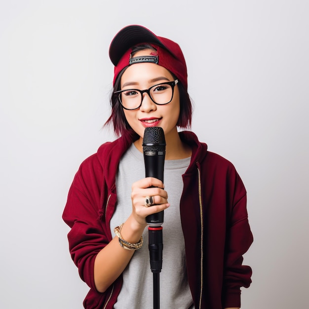 Photo une nerd de rap asiatique tenant un micro en gros plan