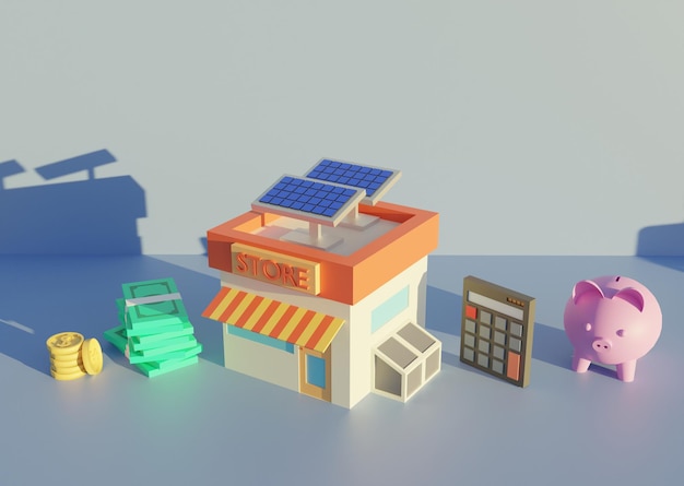 Énergie de panneaux solaires avec construction de magasin et une contrepartie financière. Rendu d'illustration 3D