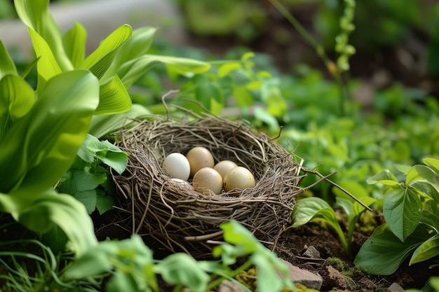 Nest de faisans dorés avec des œufs sur la couverture du sol