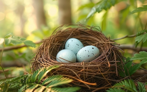 Nest avec des œufs tachetés dans la forêt