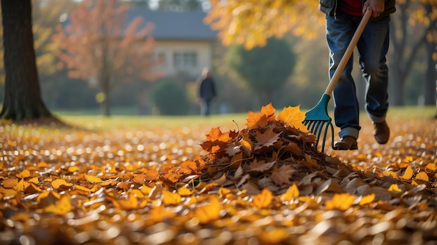 Le nettoyage d'automne, le ramassage des feuilles tombées dans un parc