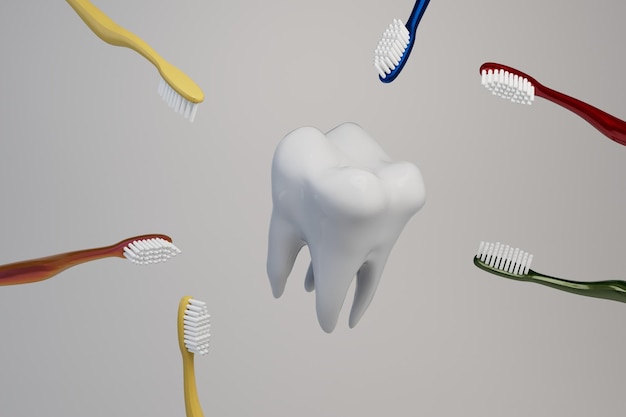 nettoyage des dents d'hygiène buccale. prévention des caries.dent blanche autour de laquelle se trouvent une brosse à dents multicolore