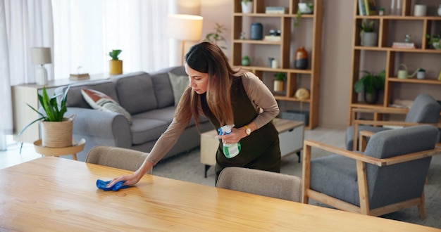 Nettoyage des draps avec une femme avec une bouteille à la maison pour l'hygiène domestique et l'entretien le week-end Bactéries de surface et personne féminine avec du détergent dans la maison pour les germes d'assainissement et la désinfection