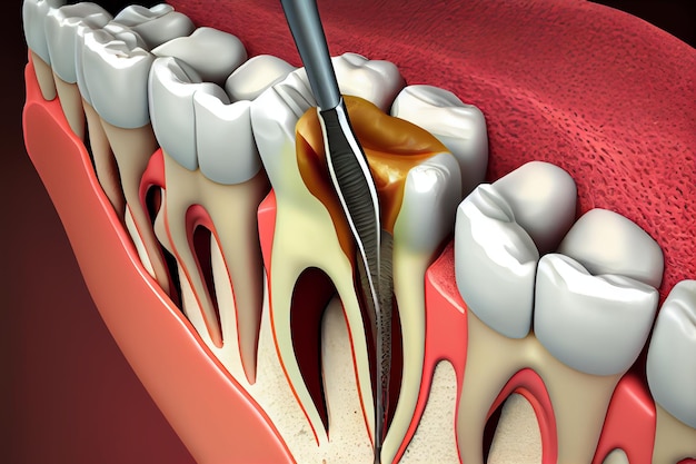 Nettoyage du canal dentaire supprimer l'ablation du nerf dentaire illustration de soins bucco-dentaires illustration IA générative illustration IA générative