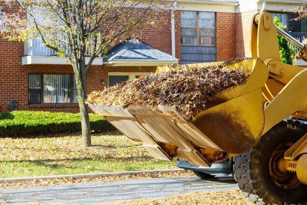 Photo nettoyage des feuilles d'automne tombées avec une pelle et un camion dans la ville