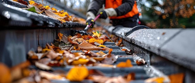 Photo nettoyage des gouttières d'automneconcept de service nettoyages des gouttiers d'automme maintenance des feuilles de gouttière nettoyaged'extérieur tâches saisonnières entretien de la maison