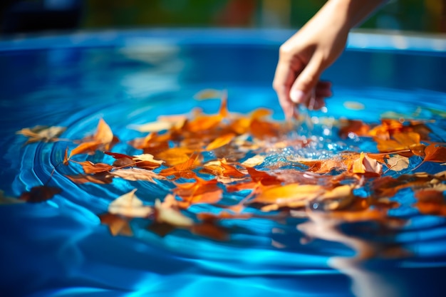 Photo nettoyage de la piscine à partir de feuilles ia générative