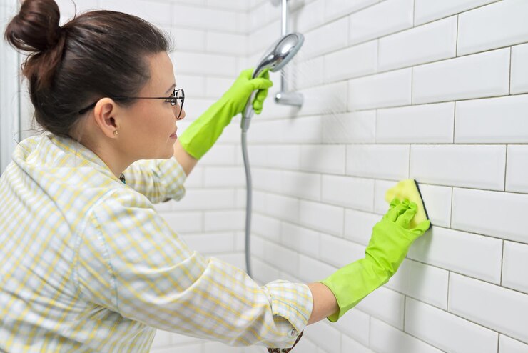 Nettoyage de la salle de bain, une femme lavant un mur de carreaux avec un gant de toilette avec un détergent